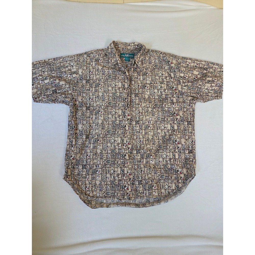 Big Dogs Button Up Shirt Vintage Tribal Dog Print Large Tan 90s Dad Shirt Cotton